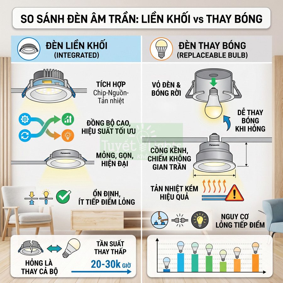 So sánh đèn âm trần Panasonic liền khối và đèn thay bóng về cấu tạo, hiệu suất và độ bền