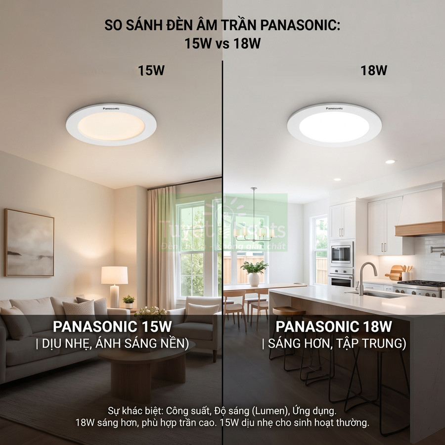 Đèn âm trần Panasonic 15W và 18W khác nhau thế nào?