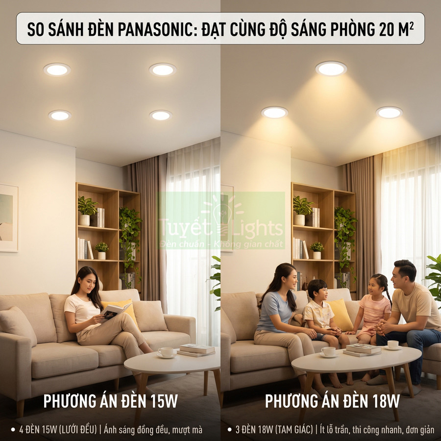 So sánh đèn âm trần Panasonic 15W và 18W chiếu sáng phòng khách 20m2, ánh sáng vàng ấm áp