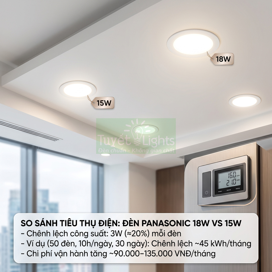 Đèn âm trần Panasonic 18W và 15W lắp trên trần phòng khách, so sánh mức tiêu thụ điện
