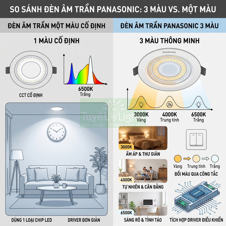 So sánh đèn âm trần Panasonic 1 màu cố định và đèn âm trần Panasonic 3 màu đổi sáng thông minh