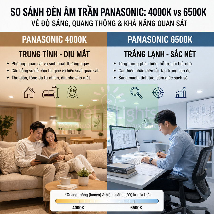 So sánh đèn âm trần Panasonic 4000K và 6500K cho phòng khách thư giãn và phòng làm việc sáng nét