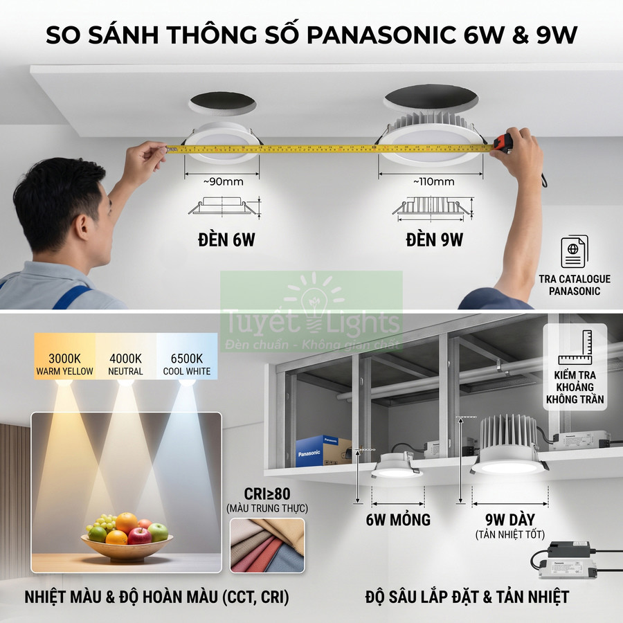 So sánh đèn led âm trần Panasonic 6W và 9W về kích thước, nhiệt màu và độ sâu lắp đặt