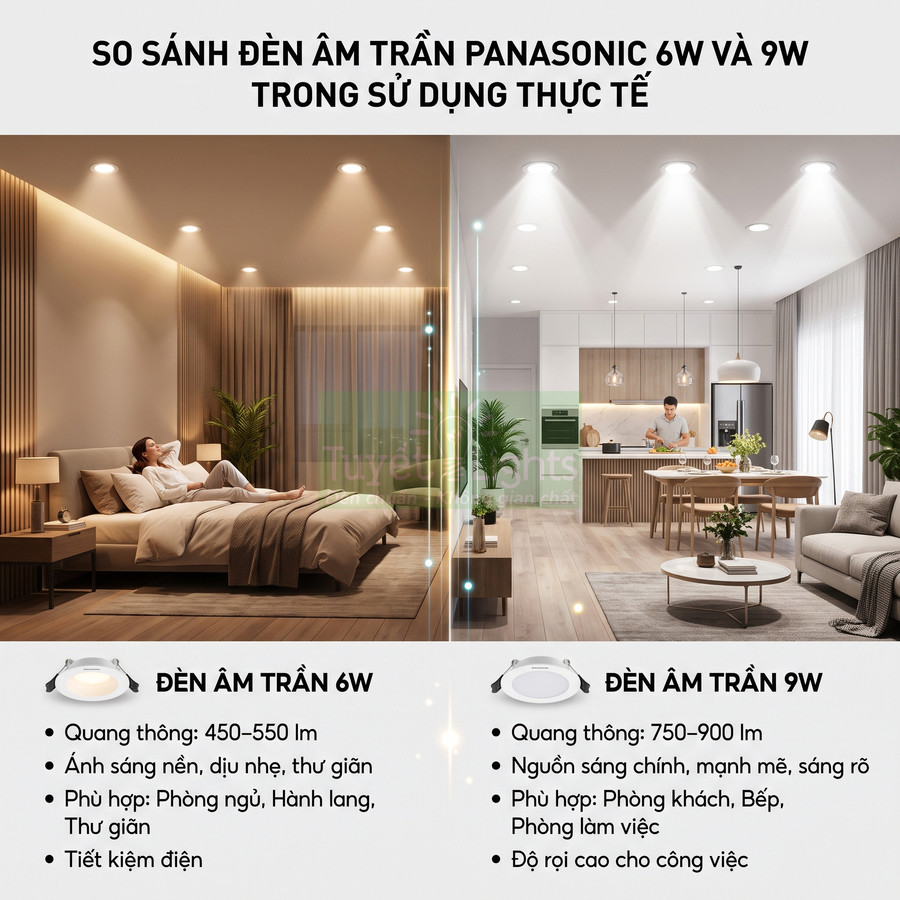 So sánh đèn âm trần Panasonic 6W và 9W trong phòng ngủ và phòng bếp, nêu công suất và ứng dụng
