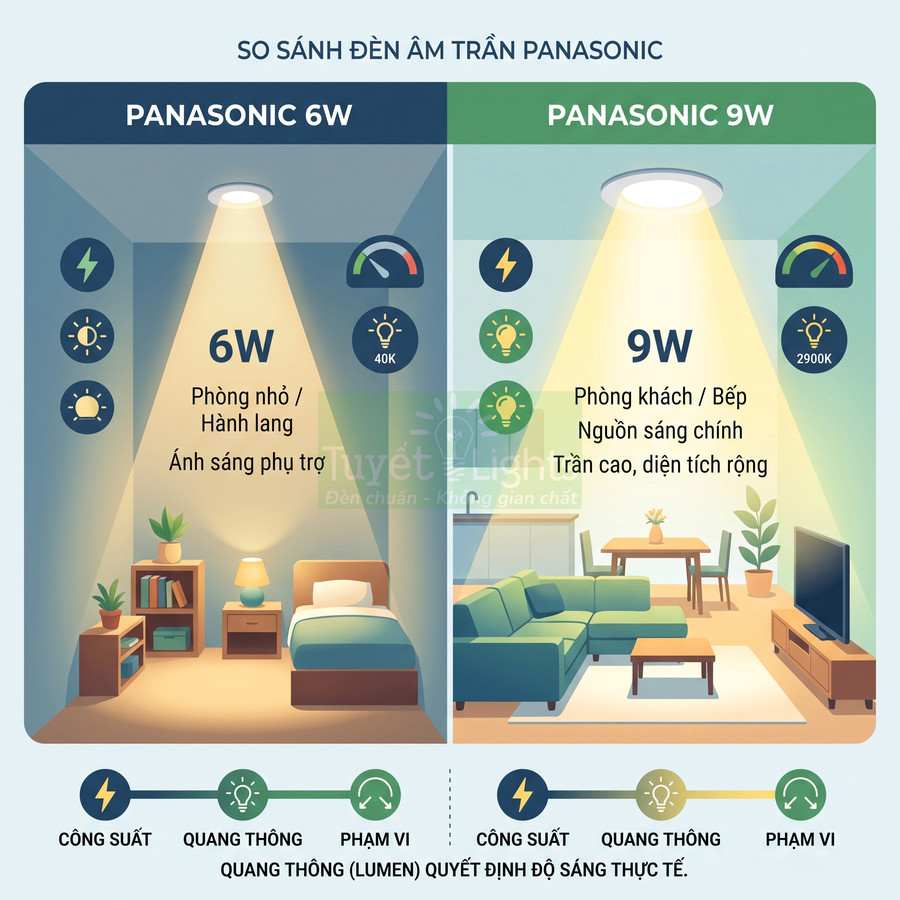 So sánh đèn âm trần Panasonic 6W cho phòng nhỏ và 9W cho phòng khách, bếp trần cao diện tích rộng