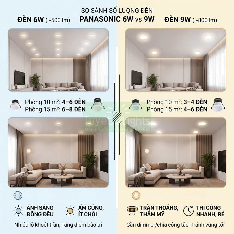 So sánh số lượng đèn âm trần Panasonic 6W và 9W cho phòng khách 10m2 và 15m2
