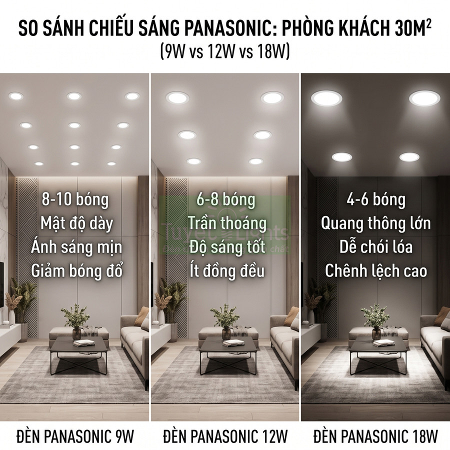 So sánh độ sáng đèn âm trần Panasonic 9W 12W 18W cho phòng khách 30m2