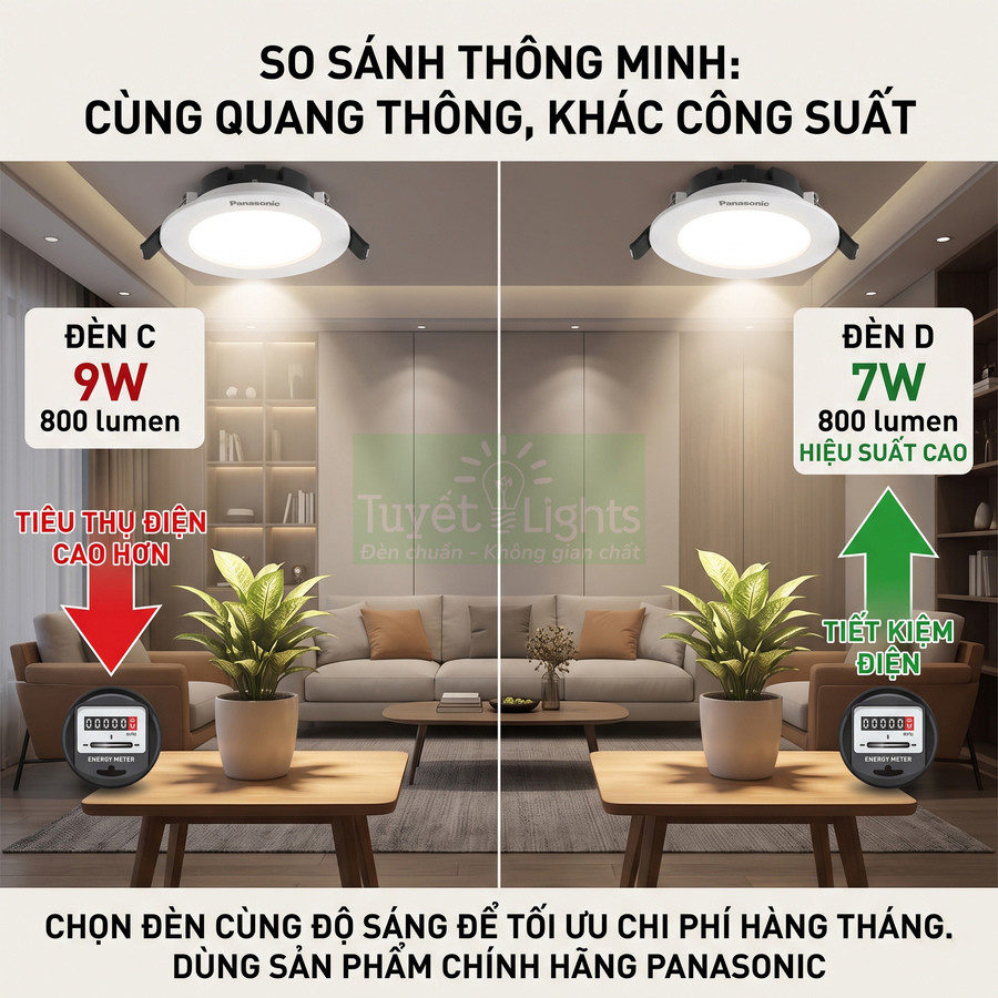 So sánh đèn âm trần Panasonic 9W và 7W cùng 800 lumen trong phòng khách, nhấn mạnh tiết kiệm điện