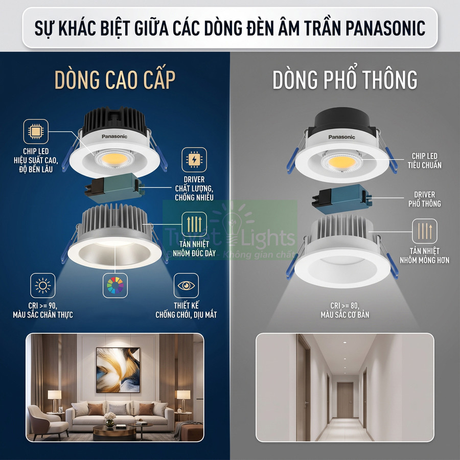 So sánh đèn âm trần Panasonic cao cấp và phổ thông với chip LED, driver, tản nhiệt và ứng dụng chiếu sáng
