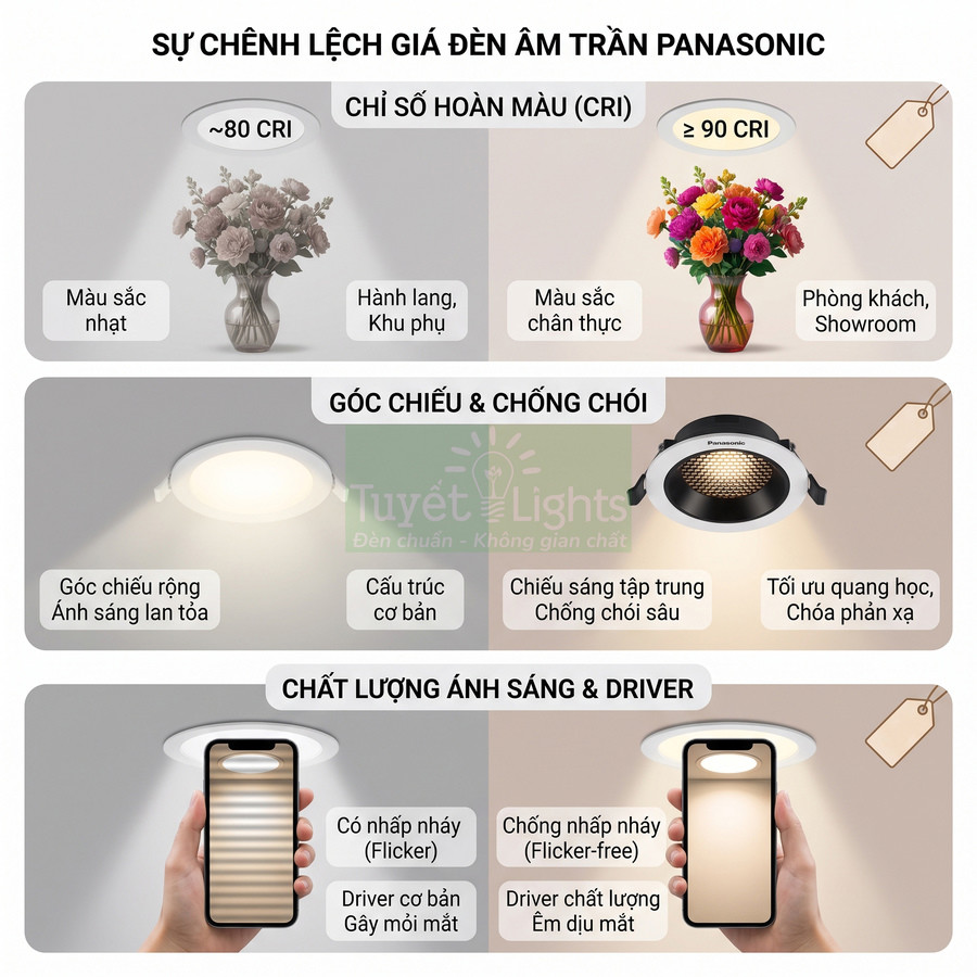 So sánh đèn âm trần Panasonic về chỉ số hoàn màu, góc chiếu, chống chói và chất lượng ánh sáng