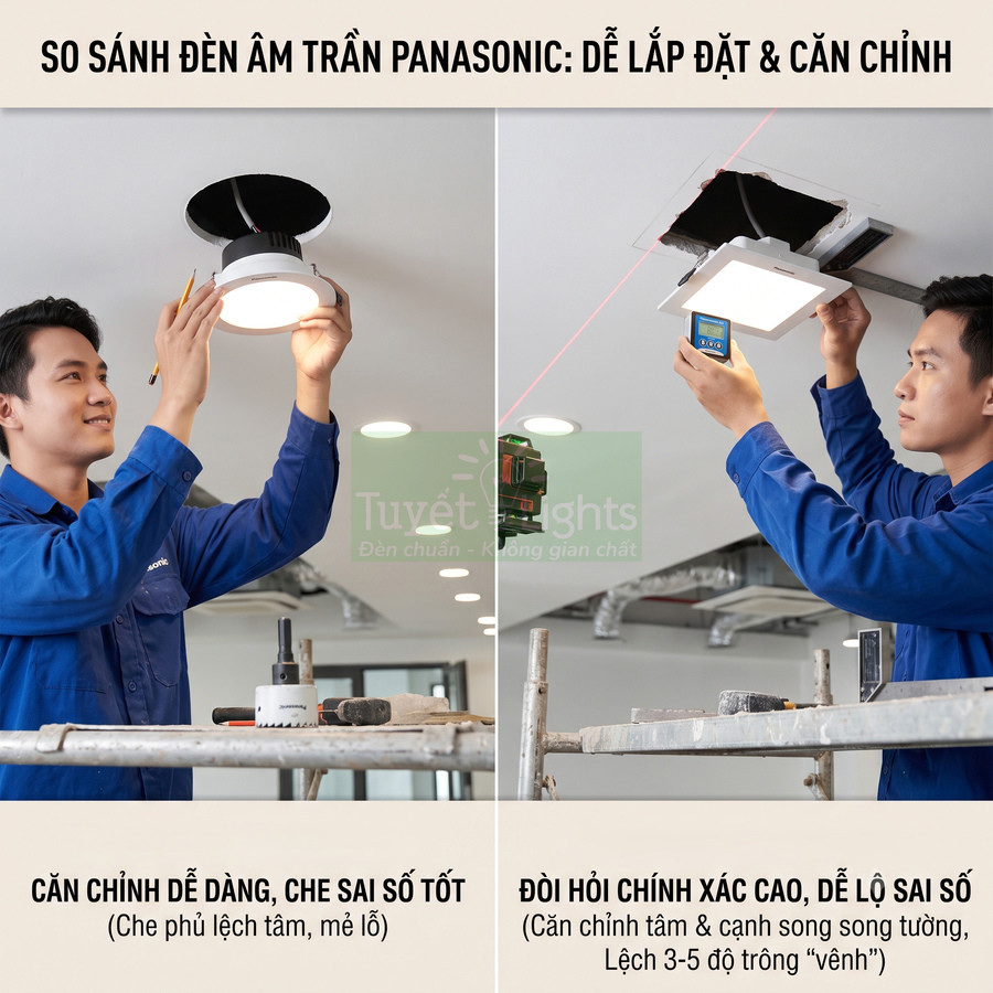 So sánh lắp đặt đèn âm trần Panasonic tròn và vuông, thợ điện đang căn chỉnh trên trần nhà