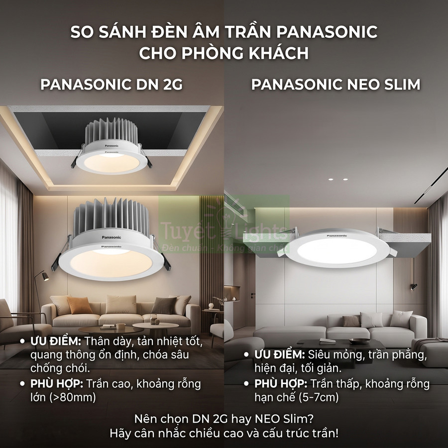 So sánh đèn âm trần Panasonic DN 2G và Panasonic Neo Slim lắp cho phòng khách hiện đại