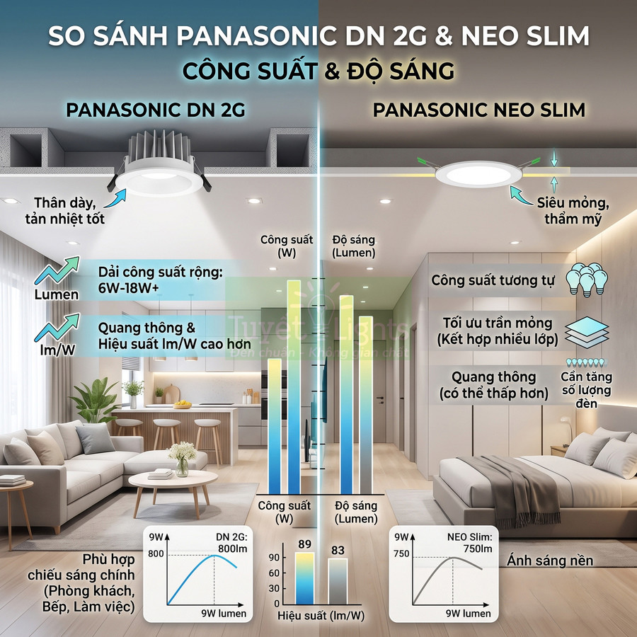 So sánh đèn âm trần Panasonic DN 2G và Panasonic Neo Slim về công suất và độ sáng trong không gian nội thất