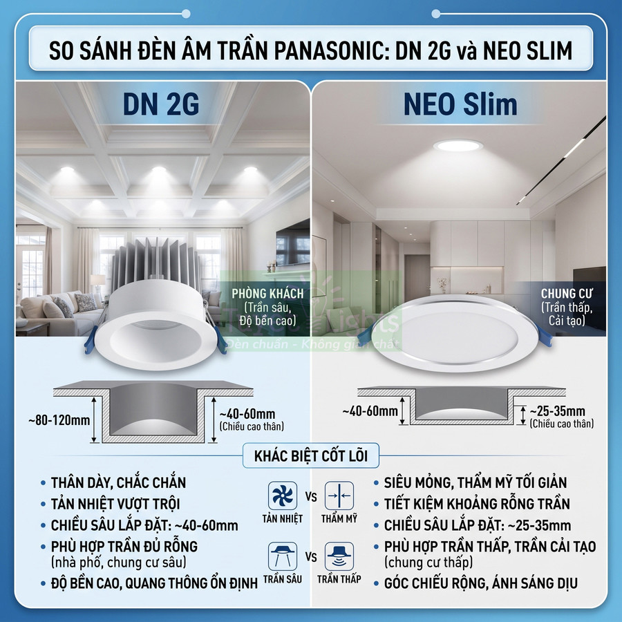So sánh đèn âm trần Panasonic DN 2G thân dày và NEO Slim siêu mỏng cho trần sâu và trần thấp