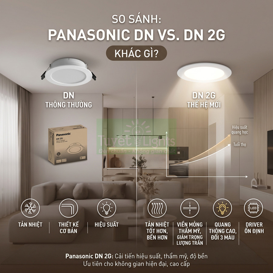 So sánh đèn led âm trần Panasonic DN và DN 2G, minh họa ưu điểm thế hệ mới trong phòng khách hiện đại