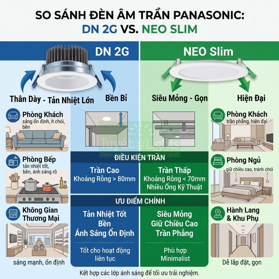 So sánh đèn âm trần Panasonic DN 2G thân dày tản nhiệt lớn và NEO Slim siêu mỏng hiện đại