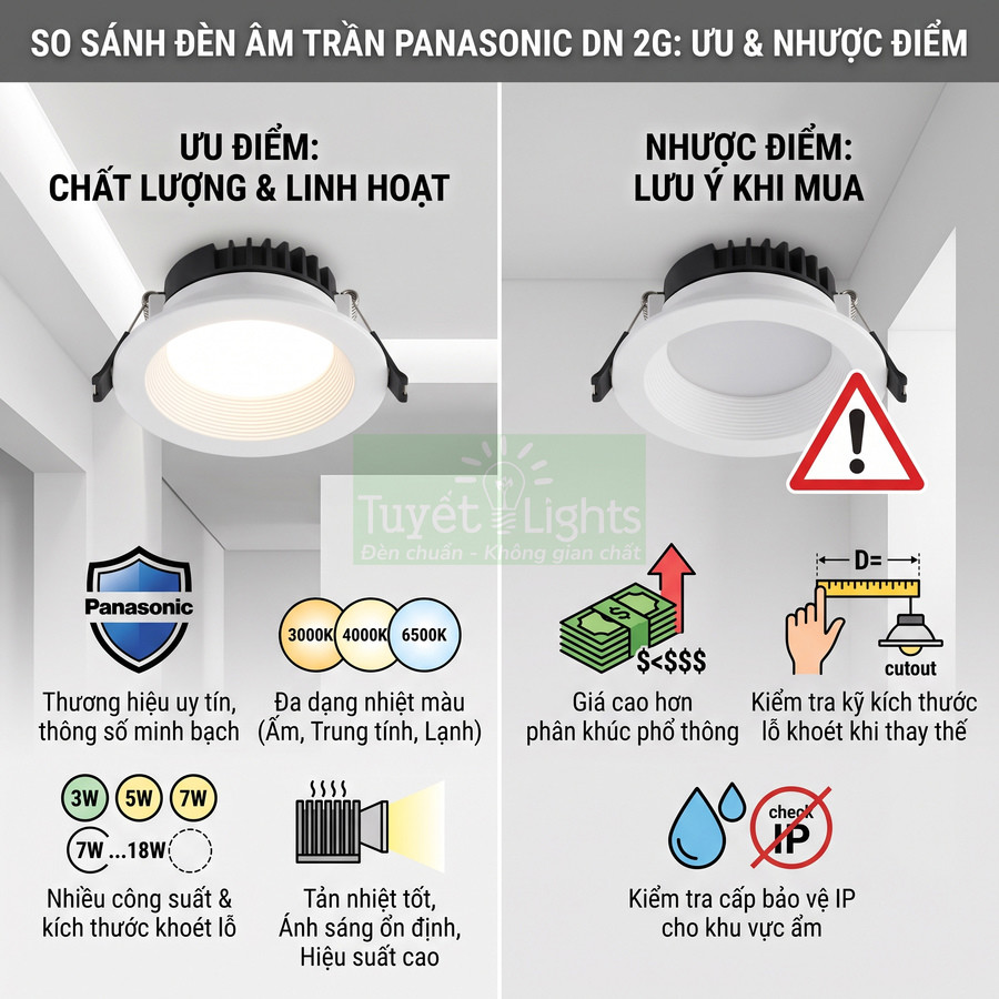 So sánh ưu nhược điểm đèn âm trần Panasonic DN 2G, hình ảnh sản phẩm và các thông số nổi bật