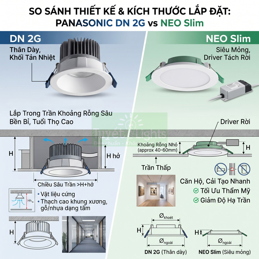 So sánh đèn âm trần Panasonic DN 2G thân dày và NEO Slim siêu mỏng, driver rời cho trần thấp