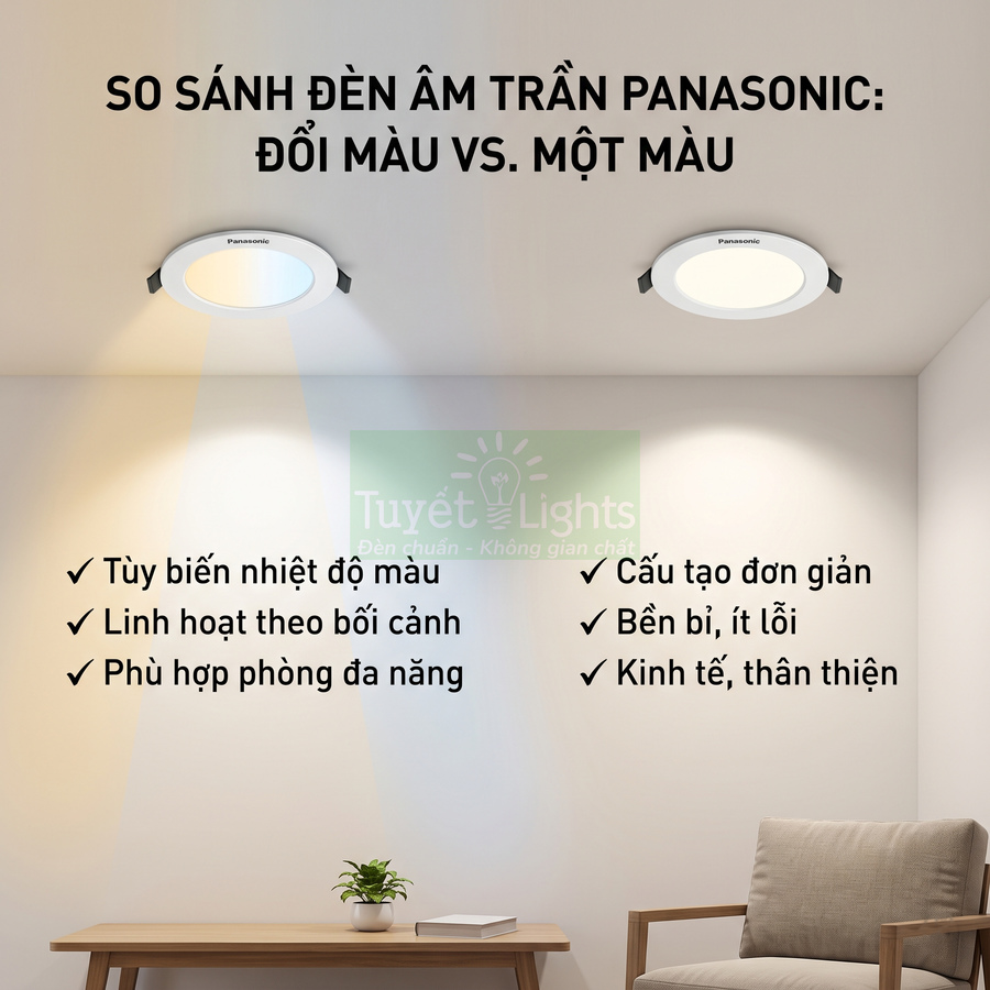 So sánh đèn âm trần Panasonic đổi màu và một màu trong phòng khách hiện đại
