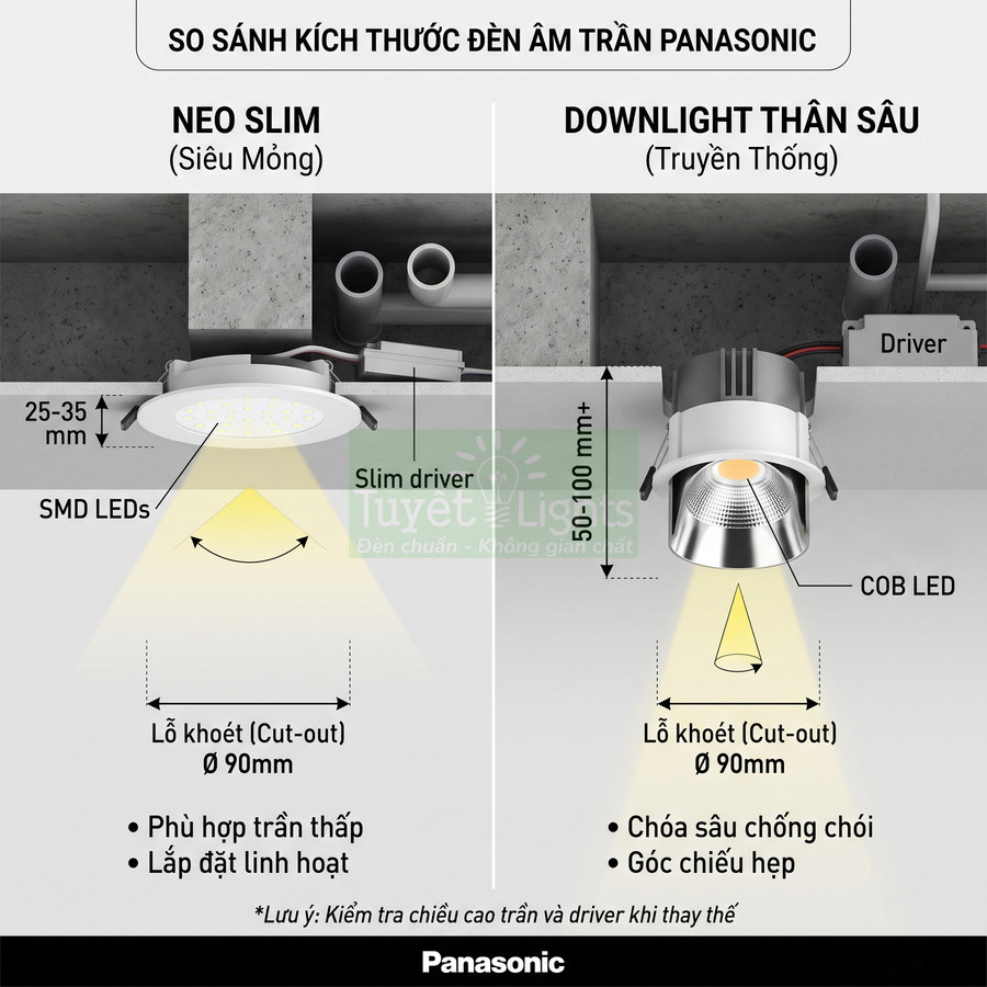 So sánh kích thước đèn âm trần Panasonic Neo Slim siêu mỏng và downlight thân sâu truyền thống