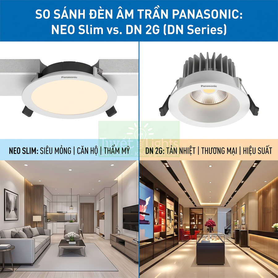 So sánh đèn âm trần Panasonic NEO Slim và DN 2G lắp trong phòng khách và cửa hàng hiện đại