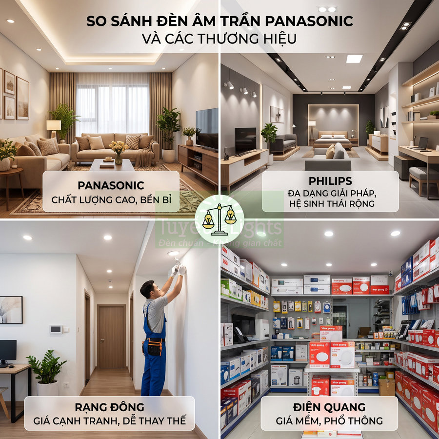 So sánh đèn âm trần Panasonic với Philips, Rạng Đông, Điện Quang trong phòng khách và cửa hàng điện
