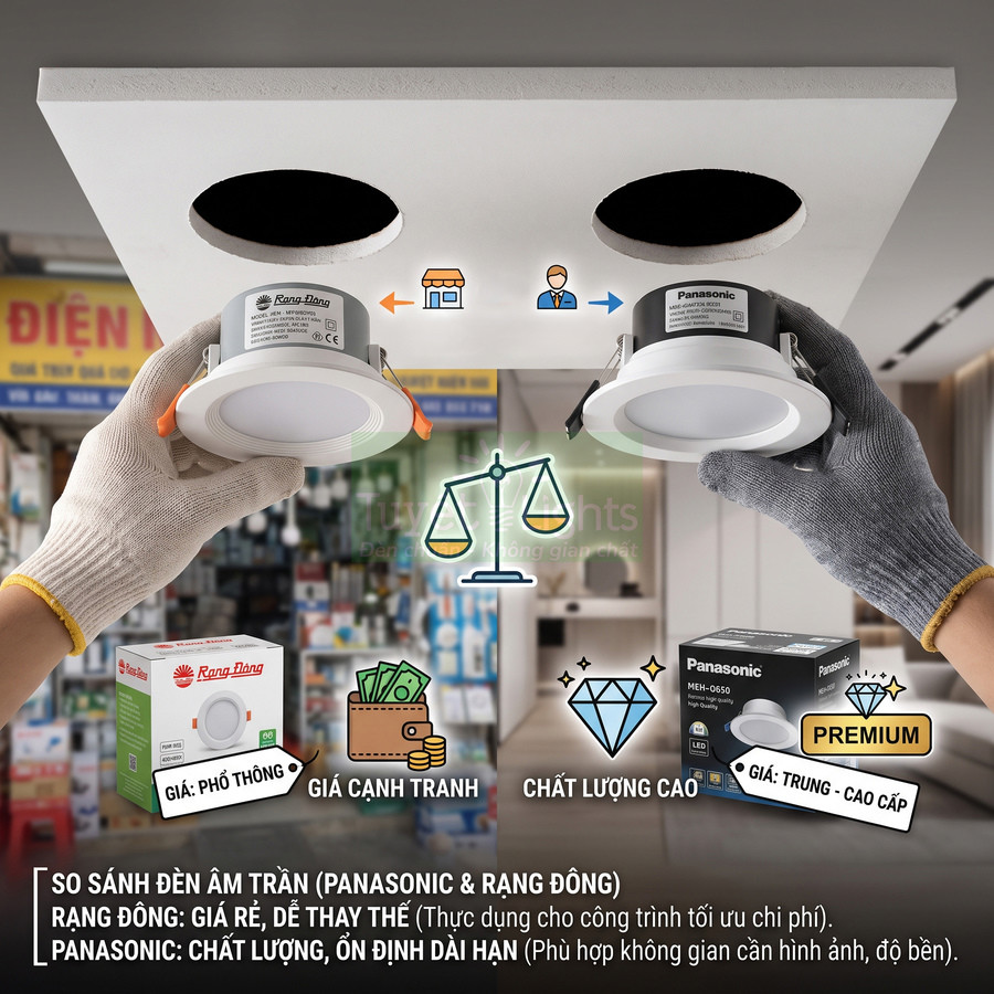 So sánh đèn âm trần Panasonic và Rạng Đông, hai người cầm từng mẫu đèn chuẩn bị lắp đặt