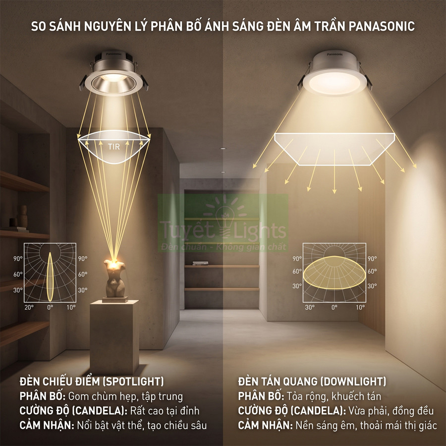 So sánh phân bố ánh sáng đèn âm trần Panasonic spotlight và downlight trong không gian nội thất