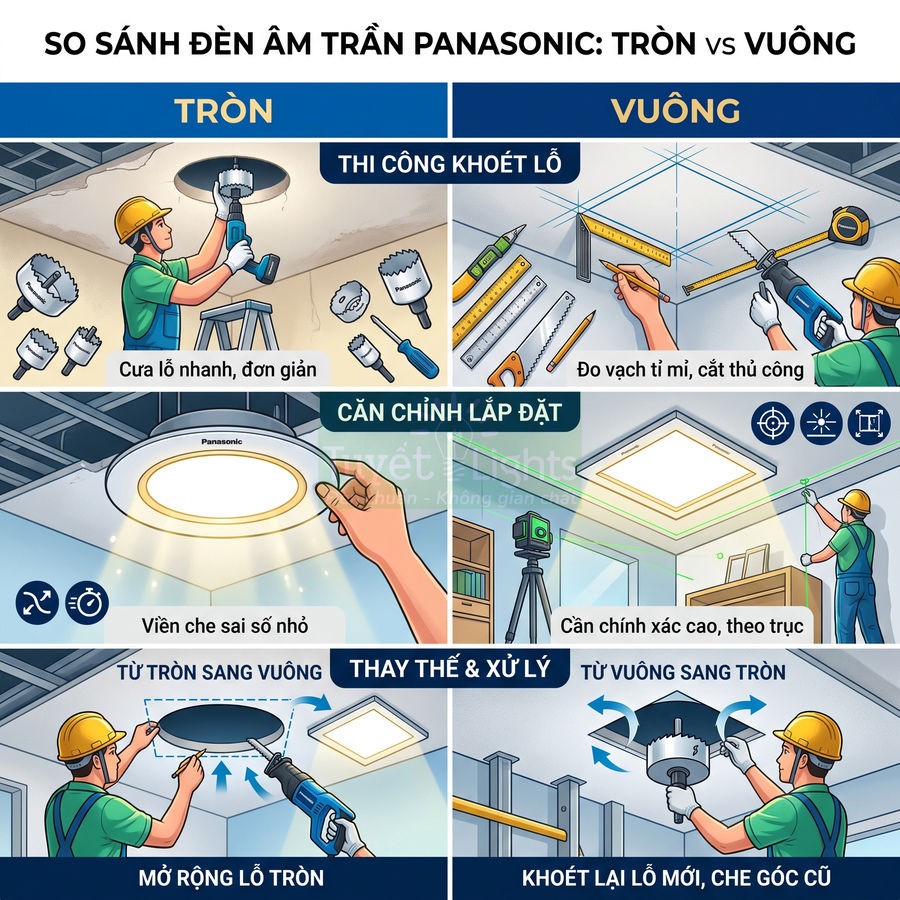 So sánh đèn âm trần Panasonic tròn và vuông, minh họa thi công khoét lỗ, căn chỉnh lắp đặt và thay thế