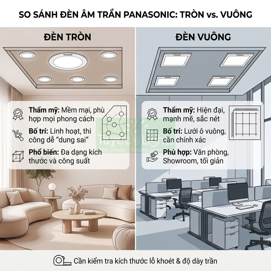 So sánh đèn âm trần Panasonic tròn và vuông cho phòng khách và văn phòng