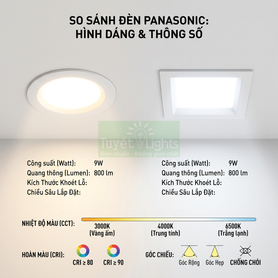 So sánh đèn LED âm trần Panasonic tròn và vuông 9W với thông số quang thông, nhiệt độ màu và góc chiếu