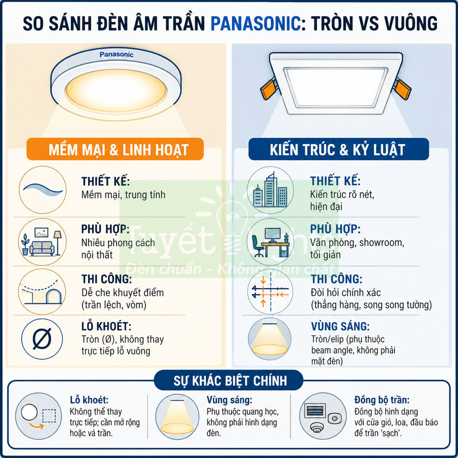 So sánh đèn âm trần Panasonic tròn và vuông, nêu ưu điểm thiết kế, thi công và vùng sáng cho từng loại