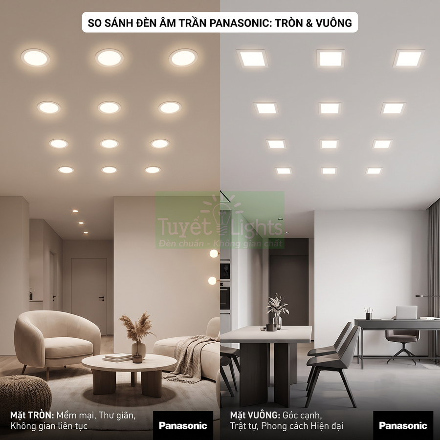 So sánh đèn âm trần Panasonic tròn và vuông lắp trong phòng khách và phòng làm việc hiện đại