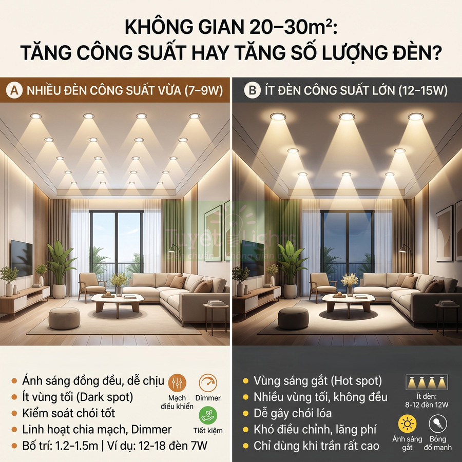 So sánh bố trí nhiều đèn âm trần công suất vừa và ít đèn công suất lớn cho phòng khách 20 30m2
