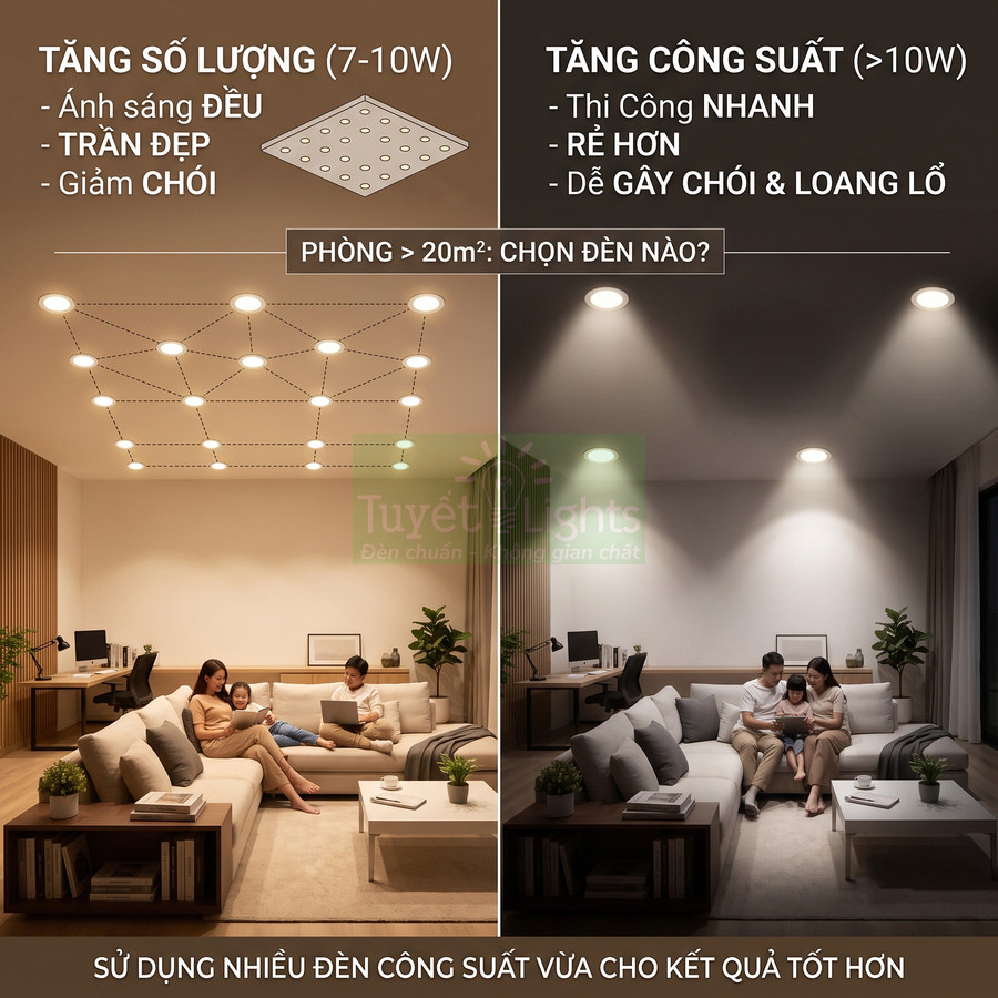 So sánh phòng khách dùng nhiều đèn âm trần Tuyết Lights công suất nhỏ với ít đèn công suất lớn