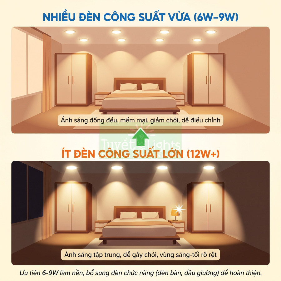 So sánh phòng ngủ dùng nhiều đèn LED âm trần công suất vừa và ít đèn công suất lớn, minh họa độ sáng khác nhau