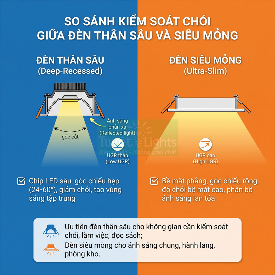 So sánh đèn LED thân sâu và đèn LED siêu mỏng về khả năng kiểm soát chói và phân bố ánh sáng