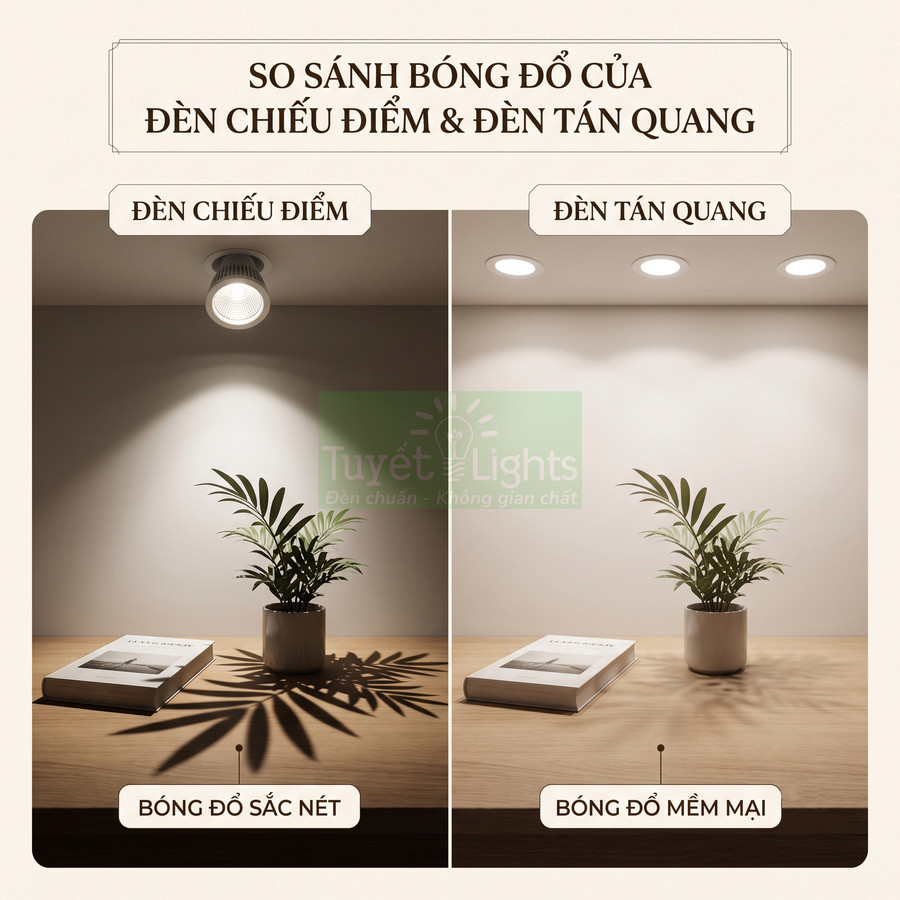 So sánh bóng đổ của đèn chiếu điểm và đèn tán quang trên bàn gỗ với chậu cây và cuốn sách