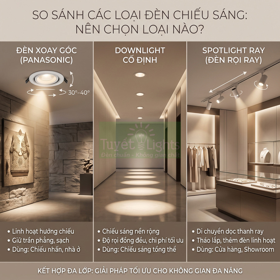 So sánh đèn xoay góc Panasonic, đèn downlight cố định và đèn spotlight ray cho chiếu sáng nội thất