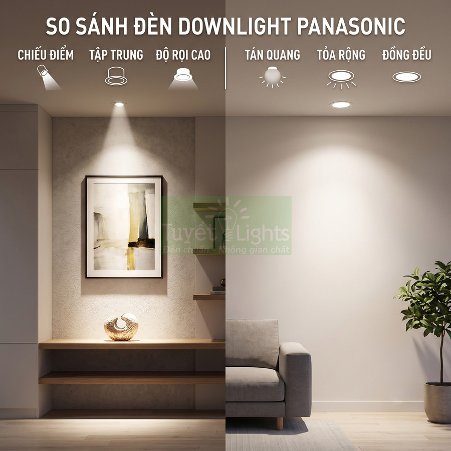 So sánh ánh sáng đèn downlight Panasonic chiếu điểm và tán quang trong phòng khách hiện đại