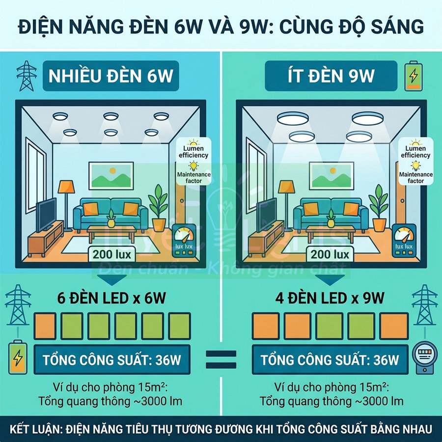 So sánh đèn LED 6W và 9W cho phòng khách 15m2 với cùng độ sáng và tổng công suất 36W