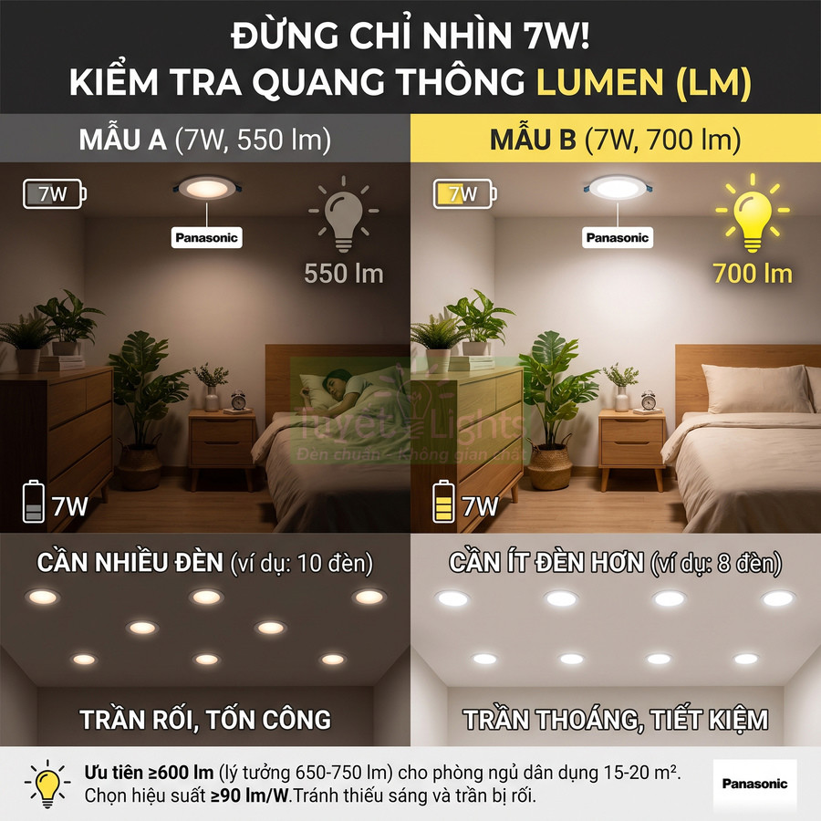 So sánh đèn LED âm trần Panasonic 7W 550lm và 7W 700lm cho phòng ngủ, minh họa độ sáng và số lượng đèn cần dùng