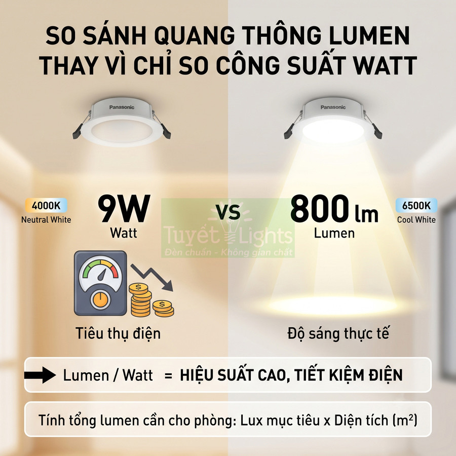 So sánh đèn âm trần Panasonic 9W và 800 lumen, minh họa hiệu suất sáng và khả năng tiết kiệm điện