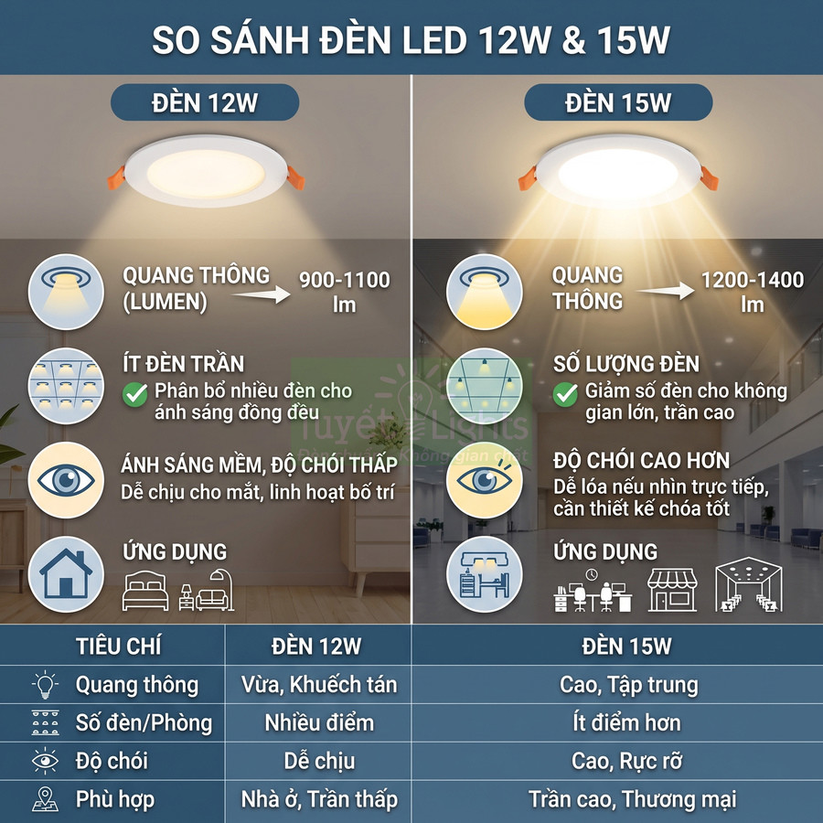 So sánh đèn LED âm trần 12W và 15W về quang thông, độ chói, số lượng đèn và ứng dụng lắp đặt