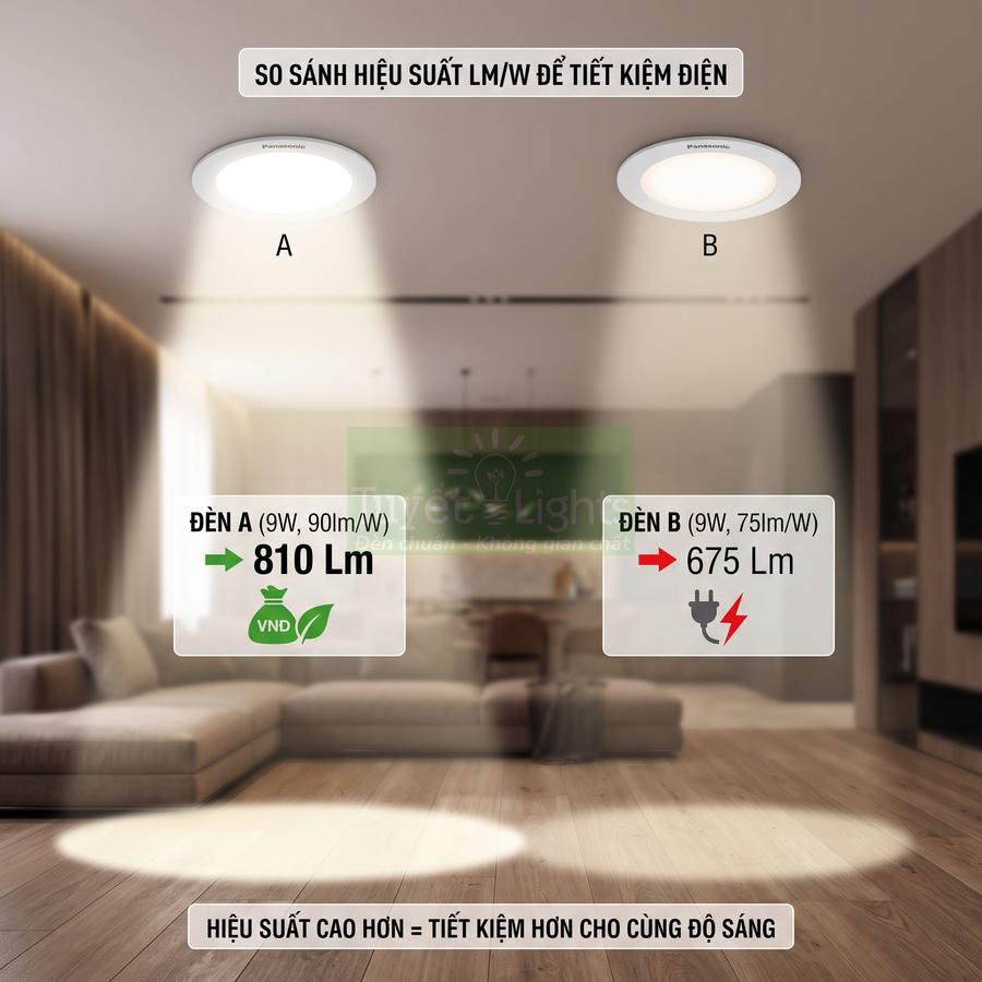 So sánh hai đèn LED âm trần Panasonic 9W, đèn A 810 lumen tiết kiệm điện hơn đèn B 675 lumen