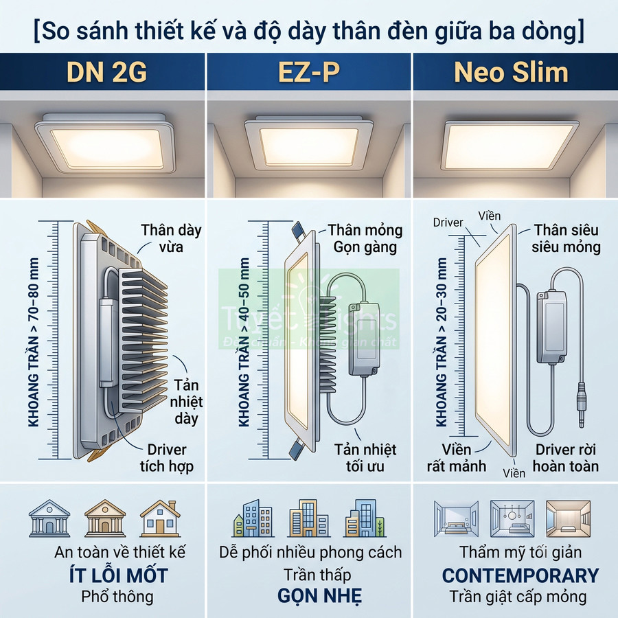 So sánh thiết kế và độ dày thân đèn âm trần vuông DN 2G, EZ-P và Neo Slim cho trần nhà