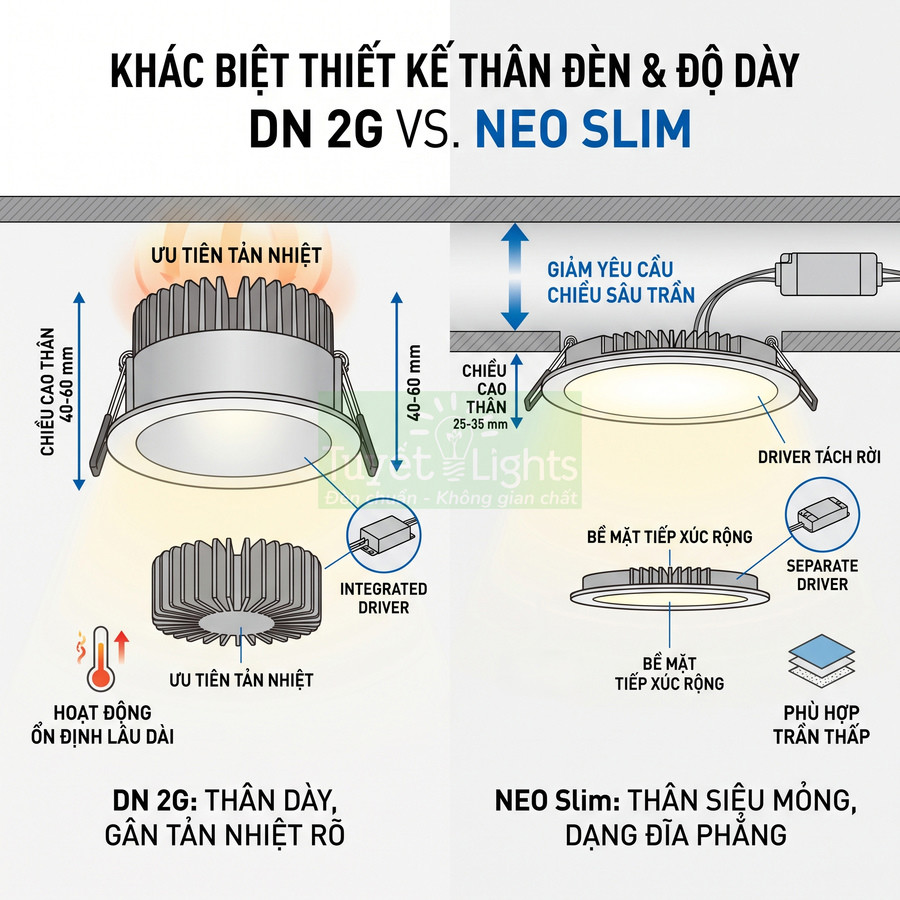 So sánh thiết kế đèn âm trần DN 2G thân dày tản nhiệt tốt và đèn NEO Slim siêu mỏng phù hợp trần thấp