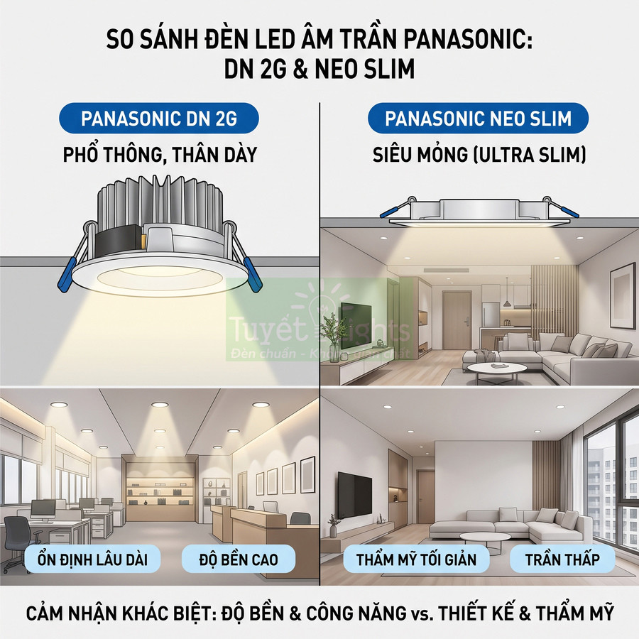 So sánh đèn LED âm trần Panasonic DN 2G thân dày và Panasonic Neo Slim siêu mỏng trong không gian nội thất