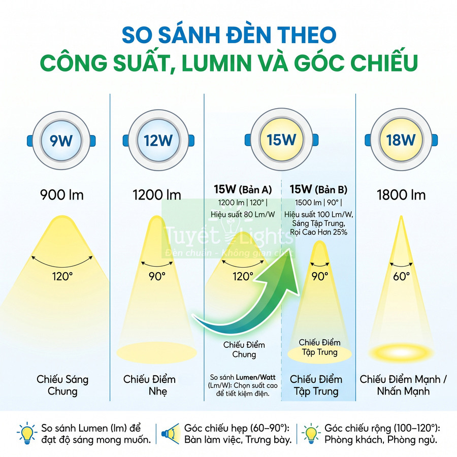 So sánh các loại đèn LED 9W 12W 15W 18W theo lumen và góc chiếu cho chiếu sáng chung và chiếu điểm