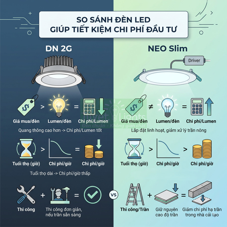 So sánh ưu điểm đèn LED âm trần DN 2G và NEO Slim về giá, tuổi thọ, chi phí và thi công lắp đặt